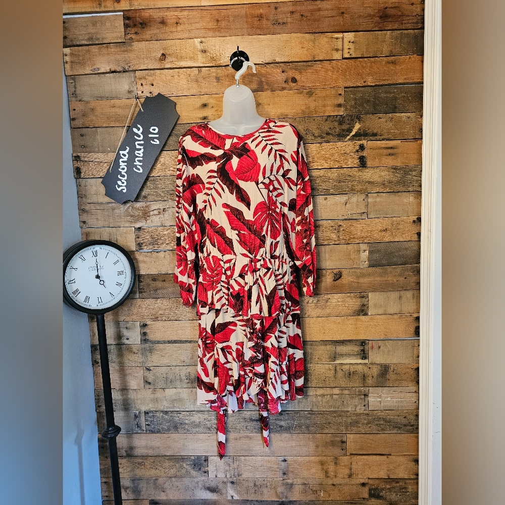 Johanna Ortiz X H&M Women's Flounced Tropical Leaf & Orchid Pattern Red Dress L